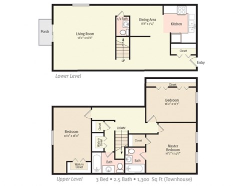 3 Bed 2.5 Bath Floor Plan at Kings Trail Apartment Homes, Jacksonville, FL